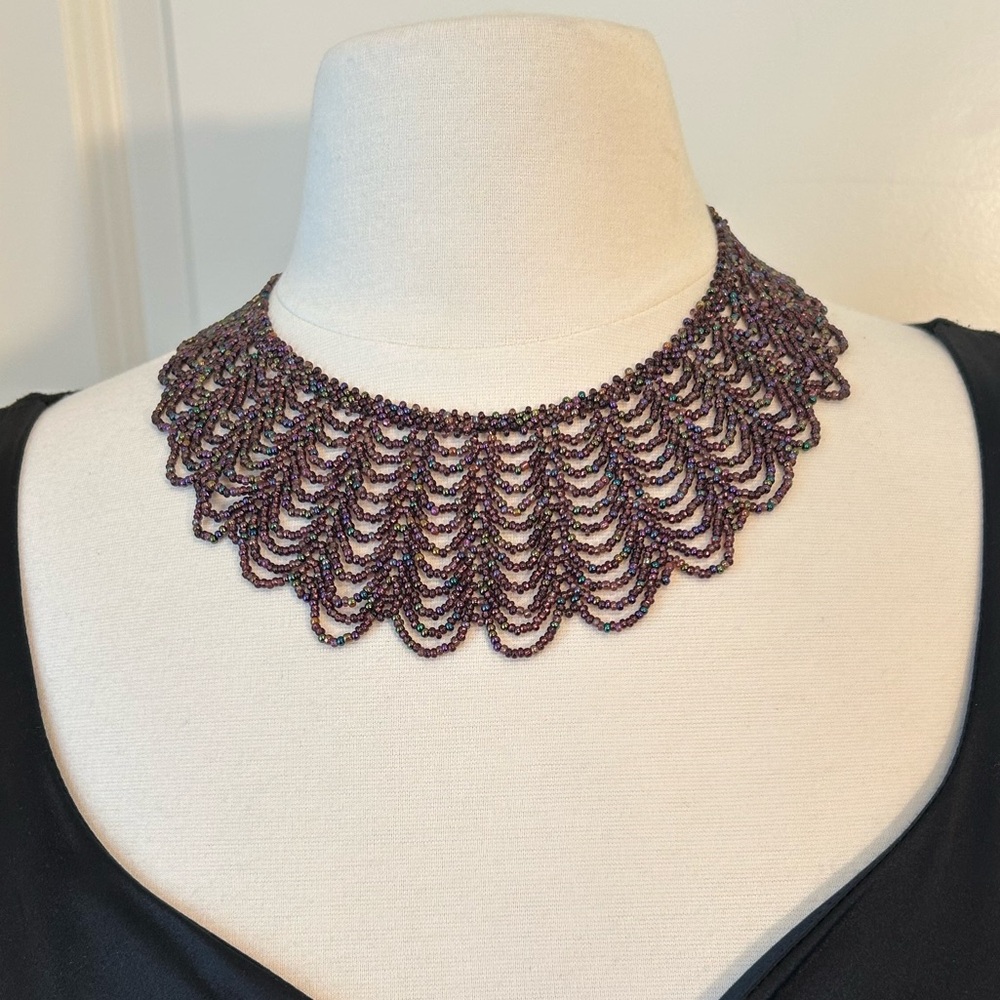 Vintage Iridescent Purple/Black Beaded Collar Necklace
